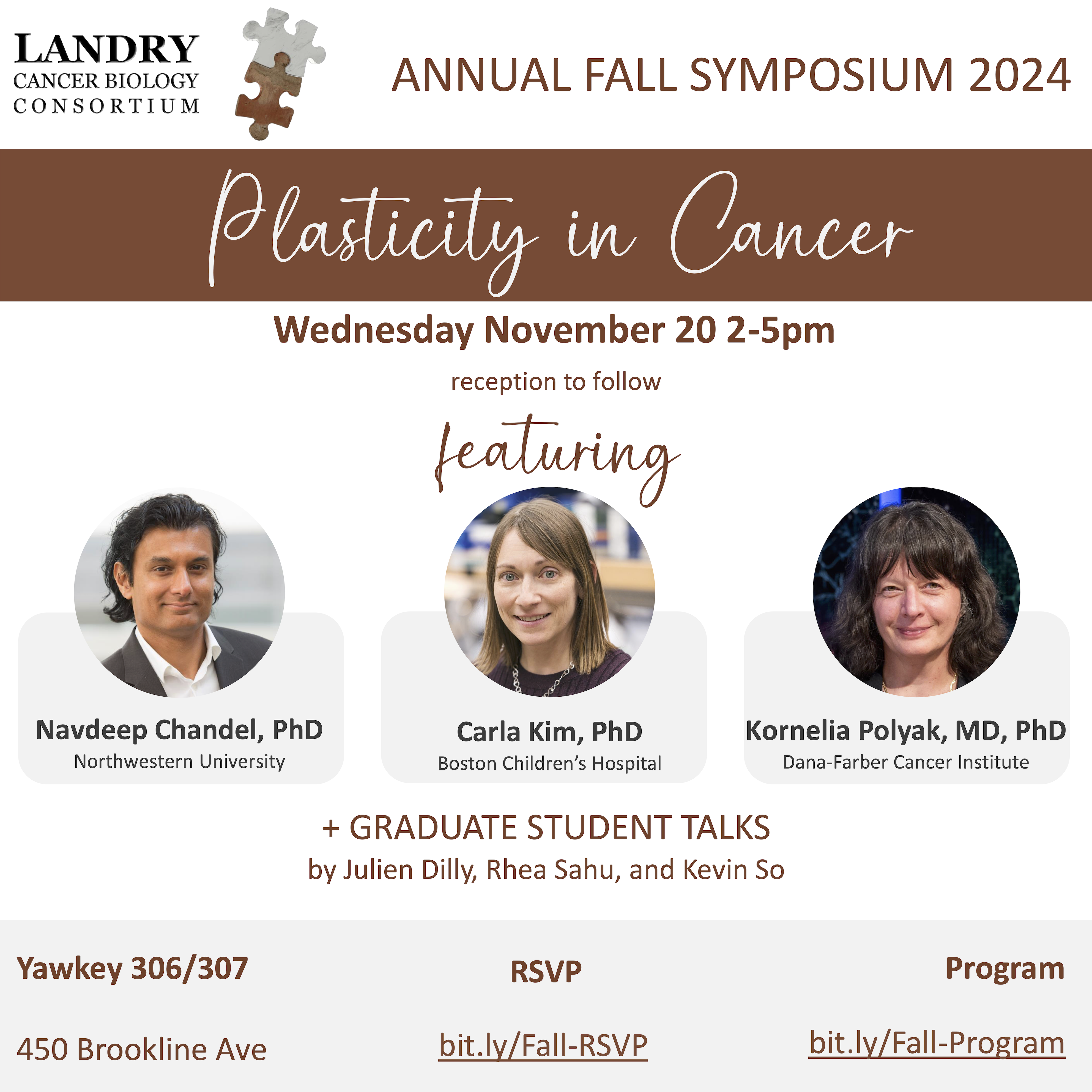 Flyer for the symposium with title Plasticity in Cancer and photos of speakers